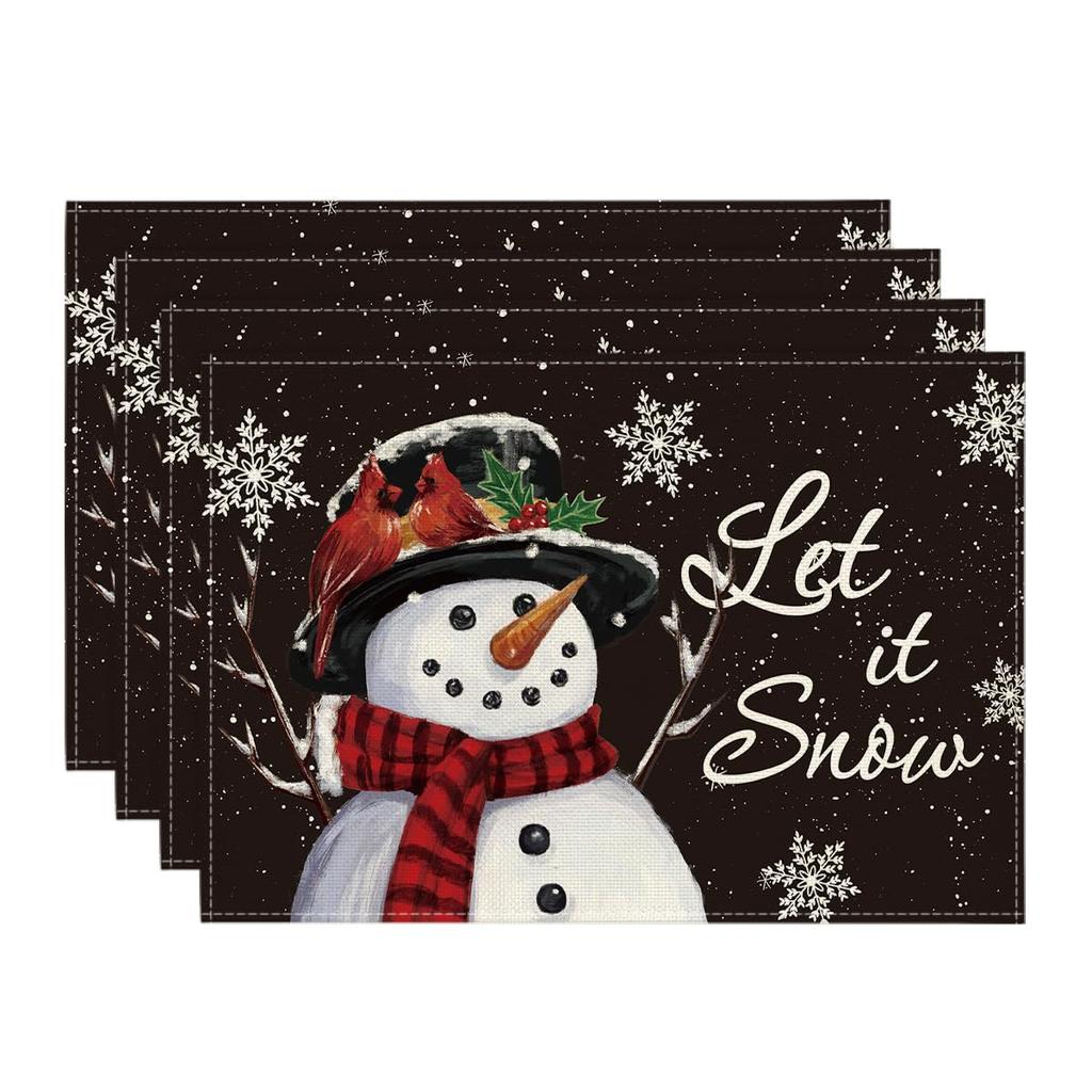 Red Snowman Let It Snow Winter Placemats Set of 4, 12x18 Inch Seasonal Christmas Holiday Table Mats for Party Kitchen Dining Decoration