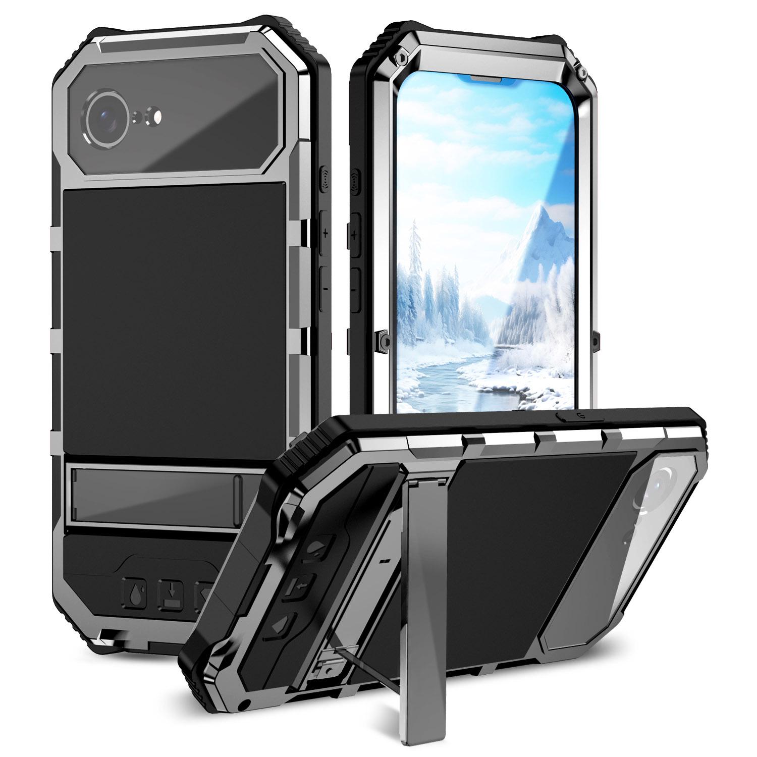 

R-JUST Для iPhone 16e Чохол PC+Силікон+Металева підставка Чохол для телефону із захисною плівкою із загартованого скла Silver