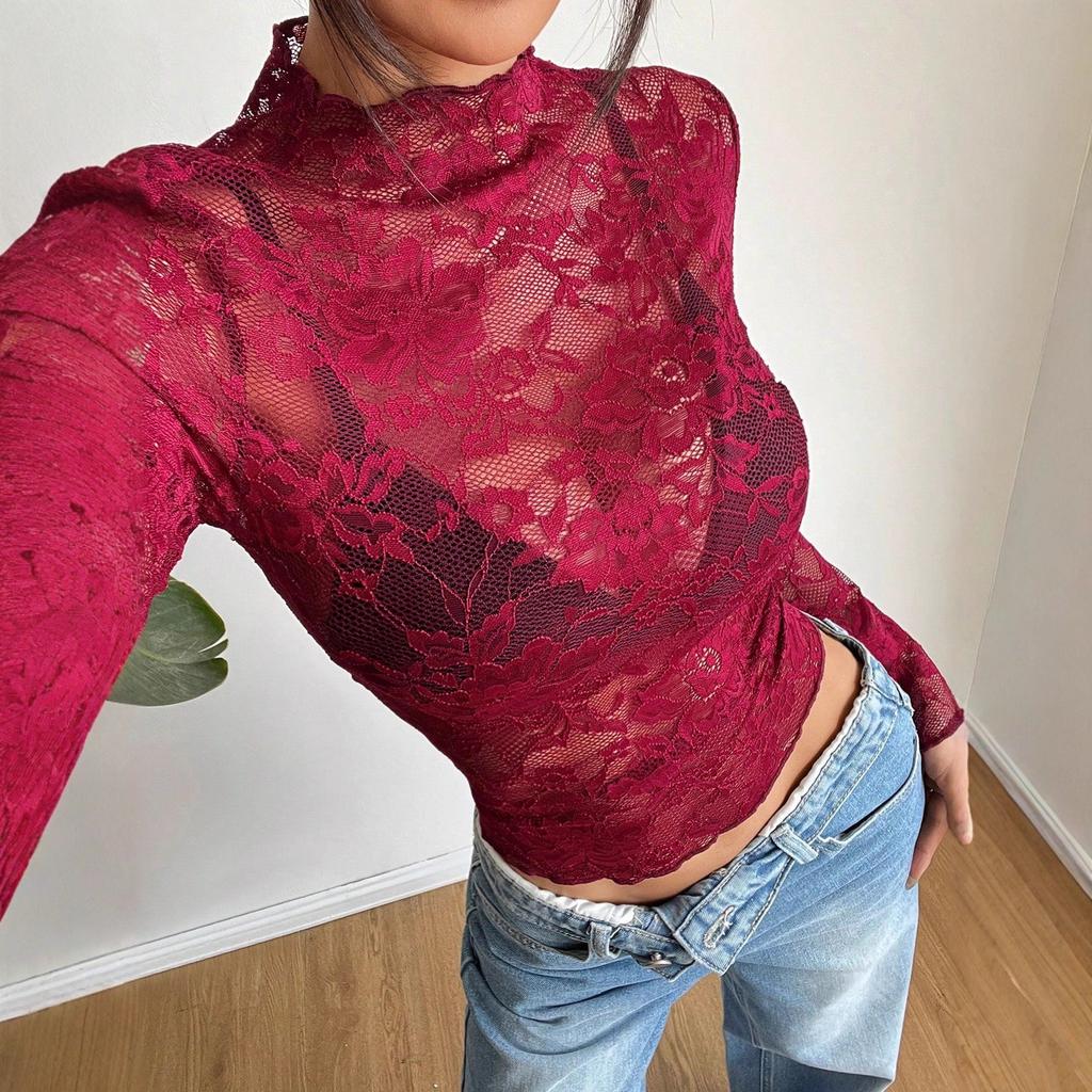 Ins Spring Sexy Single Layer Long Sleeve Slim Fit Lace Top Base Layer Fashion Daily Basic Office Lady Casual Slim Fit Ladies Elegant Long Sleeve Top