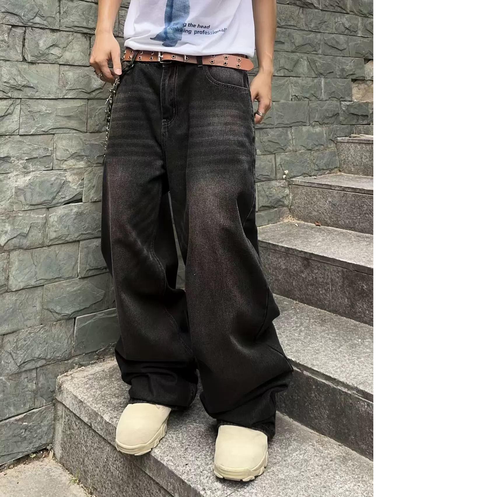 Vintage Herren Y2k Dehnbare Baggy Jeans für Herren Mode Lässige Hosen Streetwear Denim Hip Hop Weite Gerade Hosen S schwarz