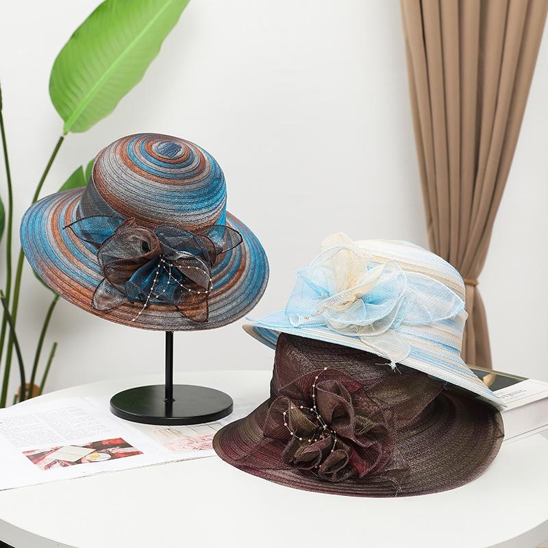 Hat female summer middle-aged and old eaves organza flower cool hat foldable sunshade sunscreen mother sun basin hat