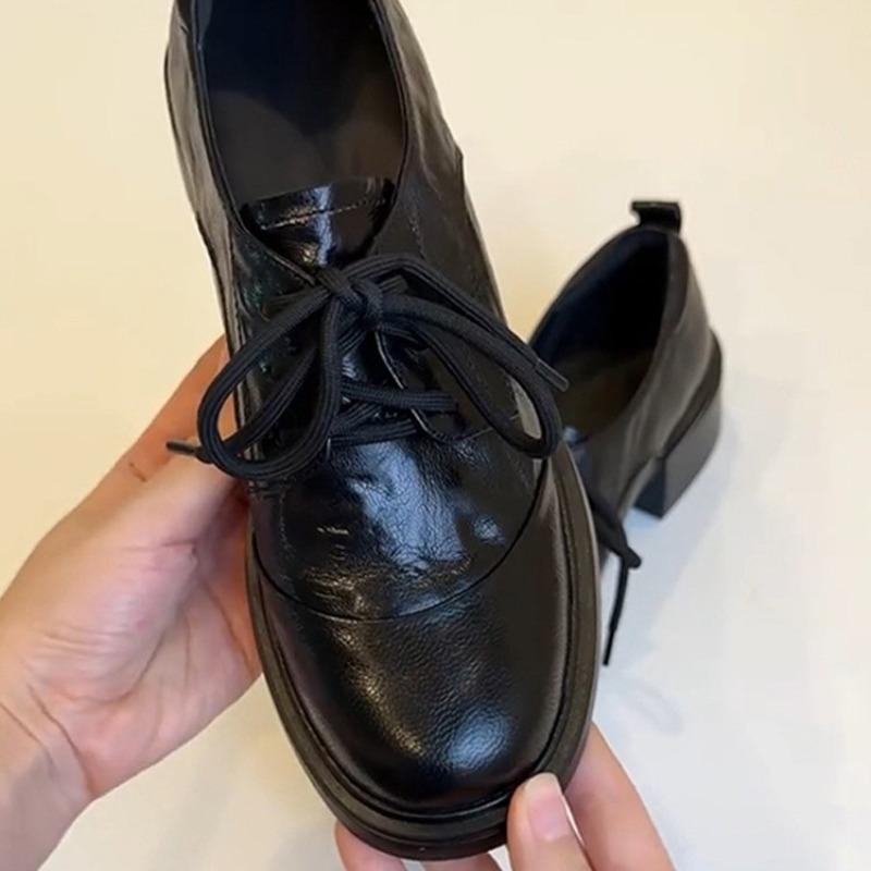 Washed two-layer cowhide version British retro round head lace-up commuting versatile thick heel small leather shoes women's single shoes