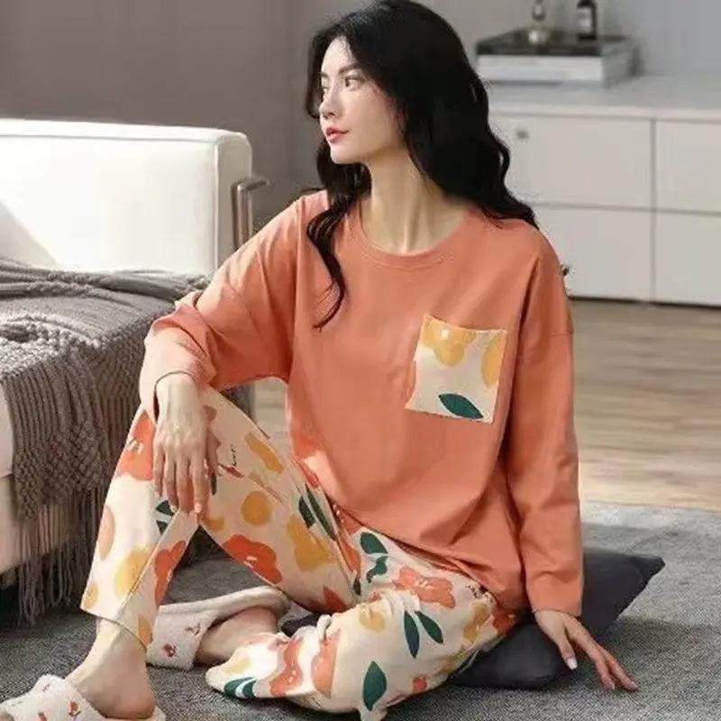 Spring Autumn Women's Polyester Pajamas Plaid Long-sleeved Home Sleepwear Womens Simple Loose Casual Suits