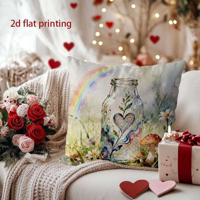 

Rainbow & Heart Jar Pillow Cover for Cozy Decor Pattern Cushion Cover Suitable for Sofa Bedroom Car Pillow Cover 16x16Inch