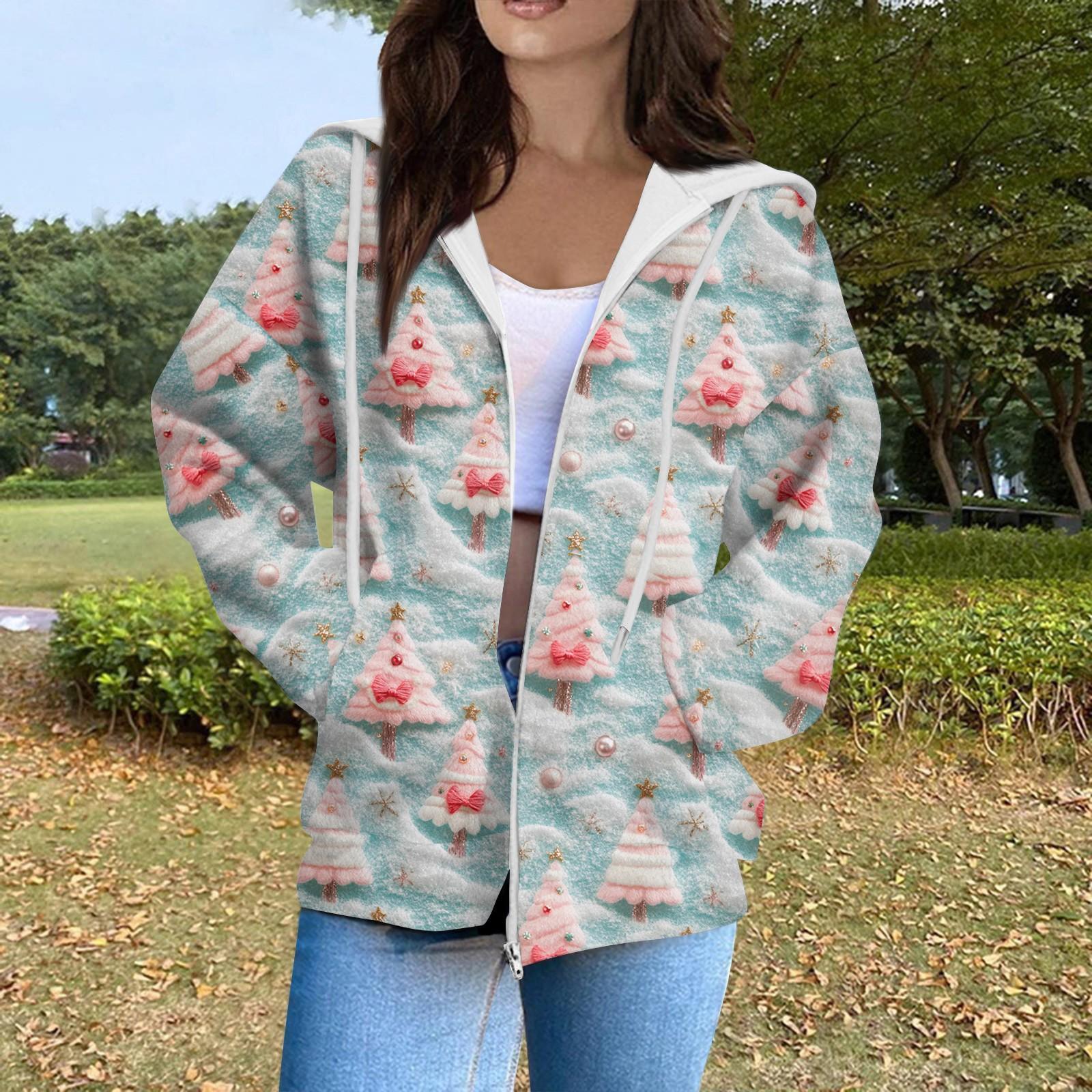 

Женская мода повседневный длинный рукав рождественский принт кардиган пальто с карманом на молнии S