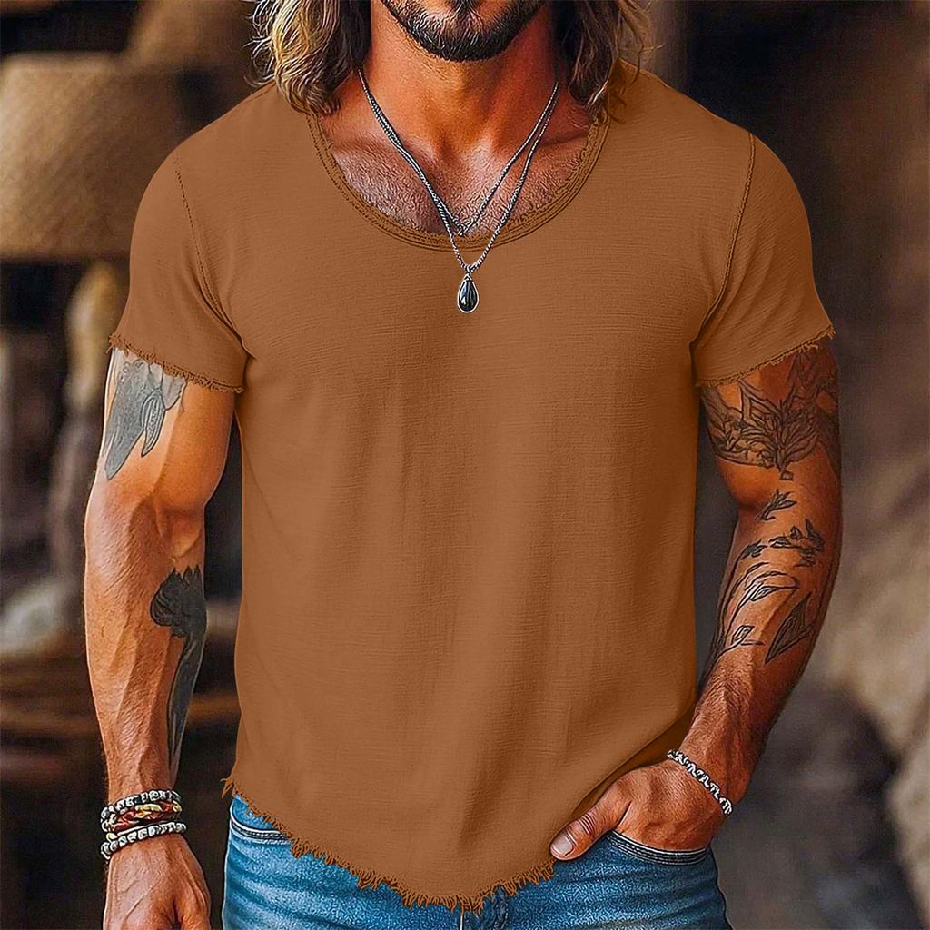 Men Casual Short Sleeve T Shirt Distressed Raw Edge Crew Neck Lightweight Summer Tee for Everyday Wear