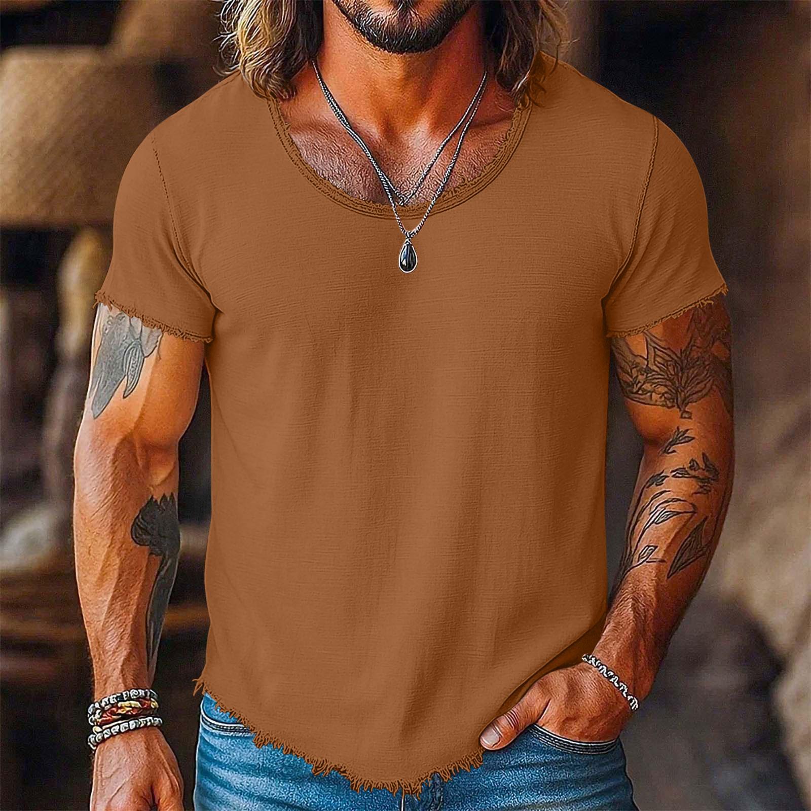 Ionia Heren Casual T-shirt met Korte Mouwen, Verweerd Ruw Randje, Ronde Hals, Lichtgewicht Zomer T-shirt voor Dagelijks Gebruik XXL bruin