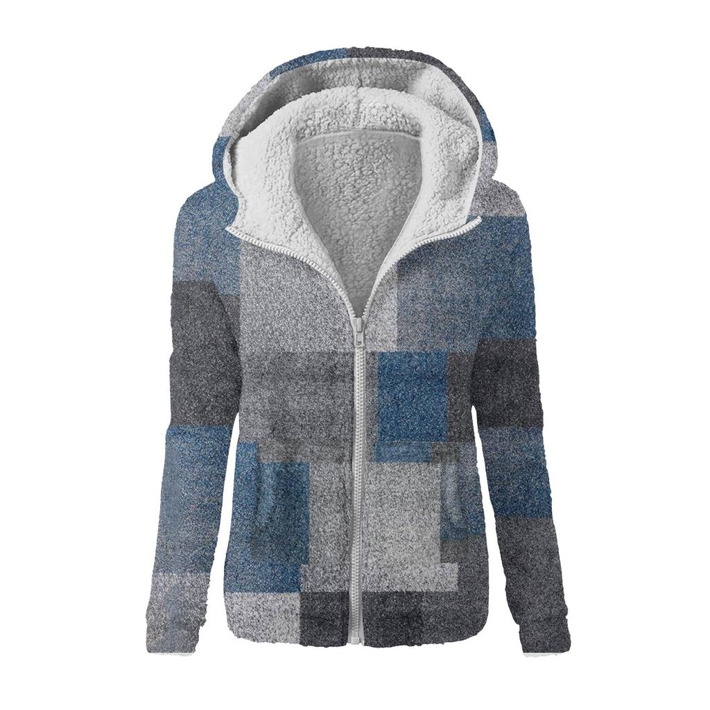 Damenmode Geometrischer Patchwork-Print Kapuzenplüsch Lässiges Oberteil Reißverschlussjacke