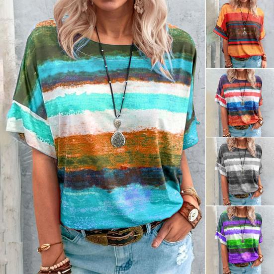 

Повседневная футболка с контрастным цветным полосатым принтом, женская блузка с коротким рукавом и круглым вырезом для повседневной носки XL озеро синий