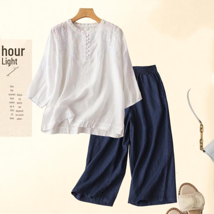Southeast Asia Retro Embroidered Cotton-Linen Two-Piece Set: Seven-Sleeve Shirt & Wide-Leg Pants