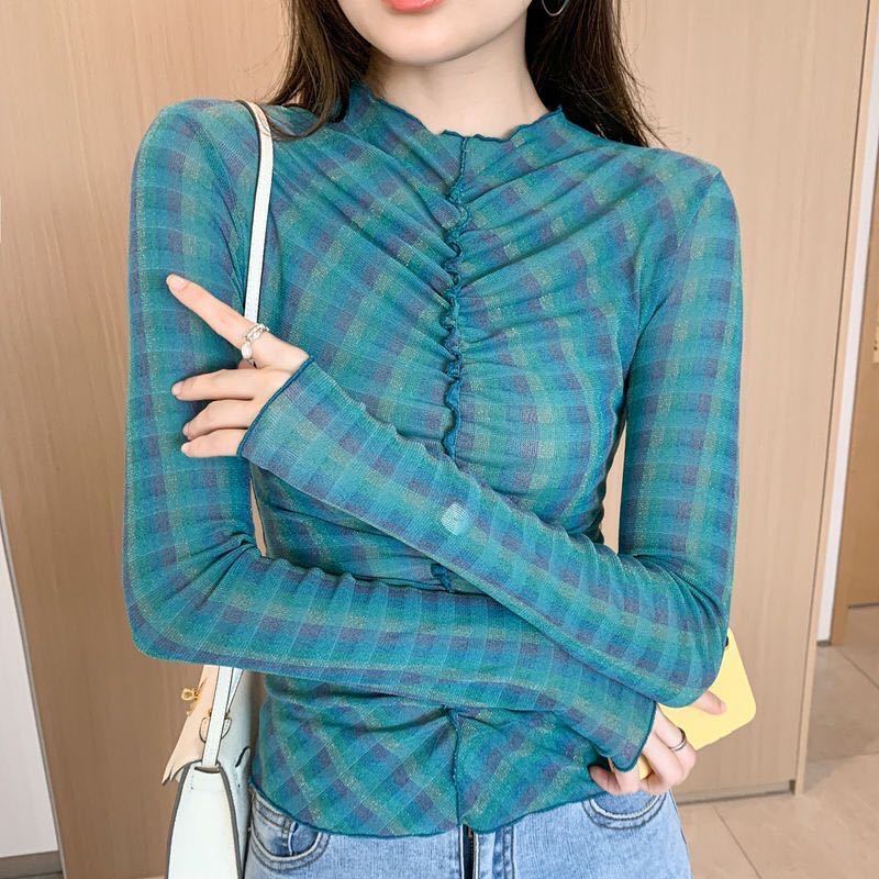 

Женская летняя сетчатая футболка Pure Desire с рюшами, уникальная, облегающая, слегка прозрачная, для защиты от солнца, для острой девушки, осенне-зимняя, с длинным рукавом, короткий топ 2XL павлин голубой