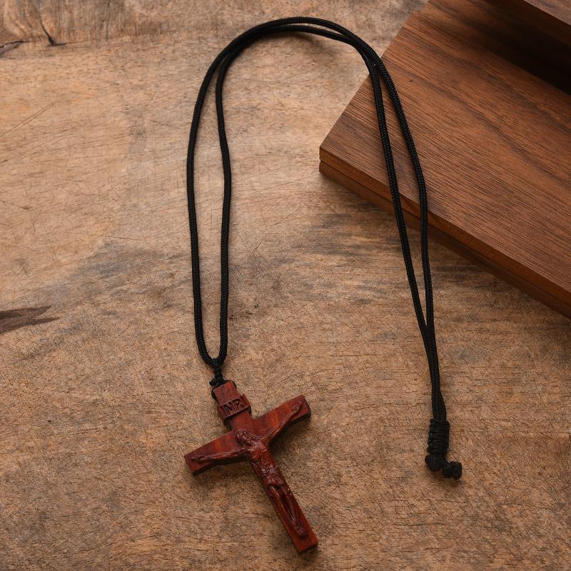 Jesus Cross Pendant Necklace - Handcrafted Rosewood Pendant with Religious Symbolism, Meaningful Gift for Faith & Devotion