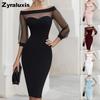 New One-Shoulder Mesh Lace Patchwork Elegant Slim Fit Bodycon Midi Dress