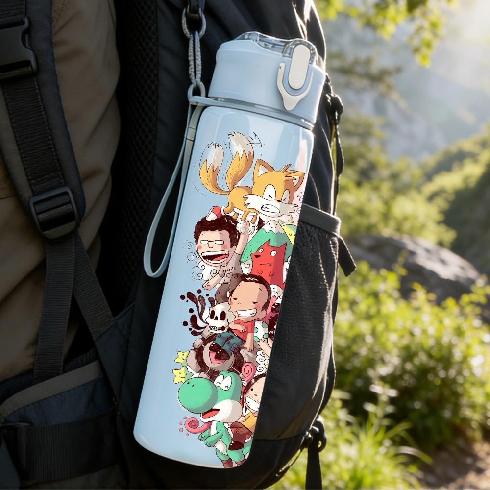 1PC Kids Group Gathering Cartoon 750ml Color Plastic Sports Water Bottle Leakproof Flip Straw Lid Suitable for Sports Office Home Use