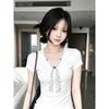 [Grazhi Refined Cotton] Polka Dot Lace-up V-neck Short-sleeved T-shirt Women's Slim and Thin Design Niche Top