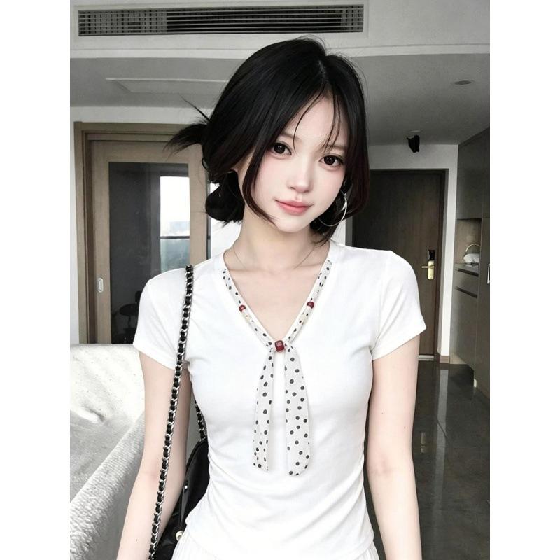 [Grazhi Refined Cotton] Polka Dot Lace-up V-neck Short-sleeved T-shirt Women's Slim and Thin Design Niche Top