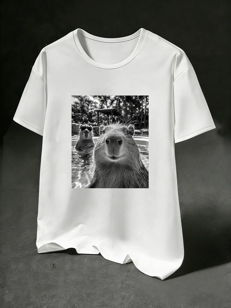 Unisexs Vintage Black White Capybara Pool Selfie Print Tshirt Unisex Funny Meme Animal Graphic Streetwear Short Sleeve Tops