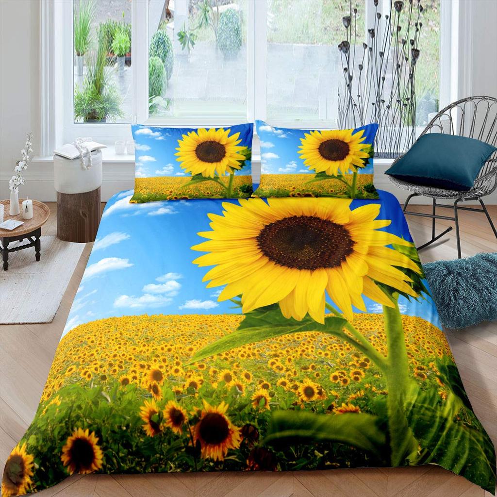 Vintage Sonnenblumen Bettbezug Set Buchstaben Bettwäsche Set Buchstaben und Sonnenblumen Gedruckt Retro Mädchen Queen Size 2/3tlg. Bettdeckenbezug