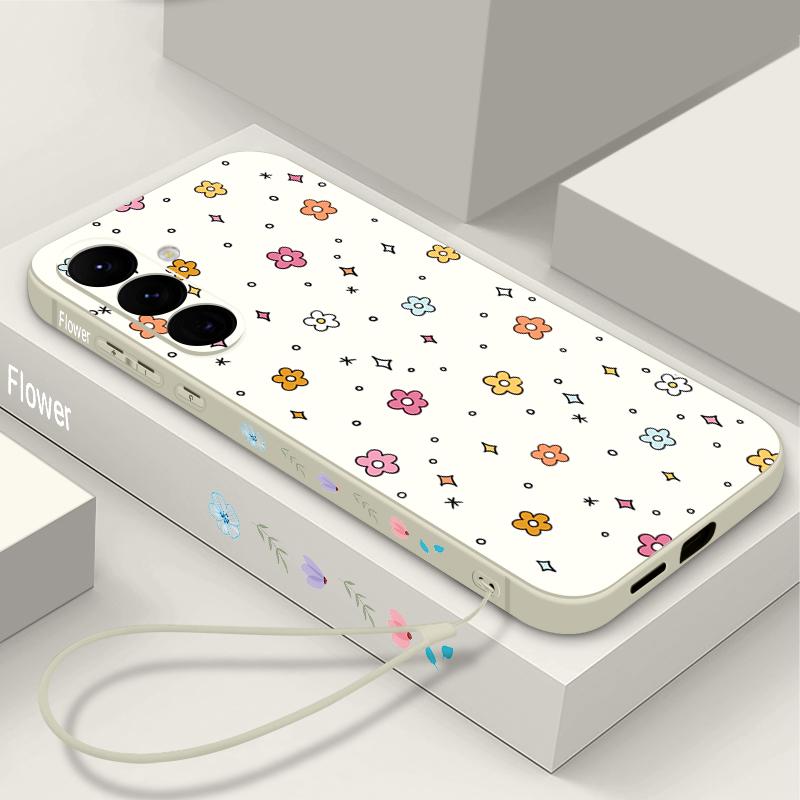 Small Flower Print Phone Case For Samsung Galaxy A57 A17 A56 A16 A55 A15 A54 A36 S25 FE S26 S24 S23 S22 Ultra Soft Lanyard Cover