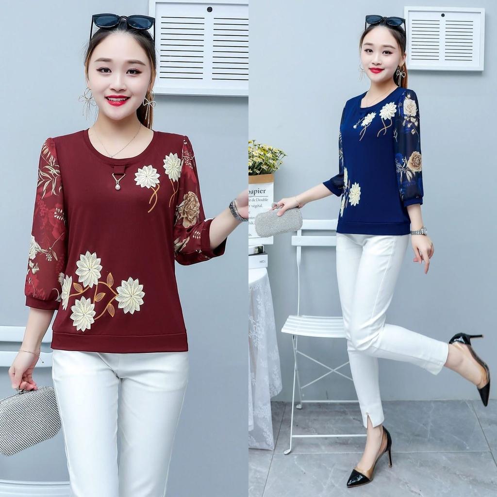 Letní nový krátký top s tříčtvrtečním rukávem Dámské tričko Volný kulatý výstřih Potisk Oblečení pro maminky M-5XL