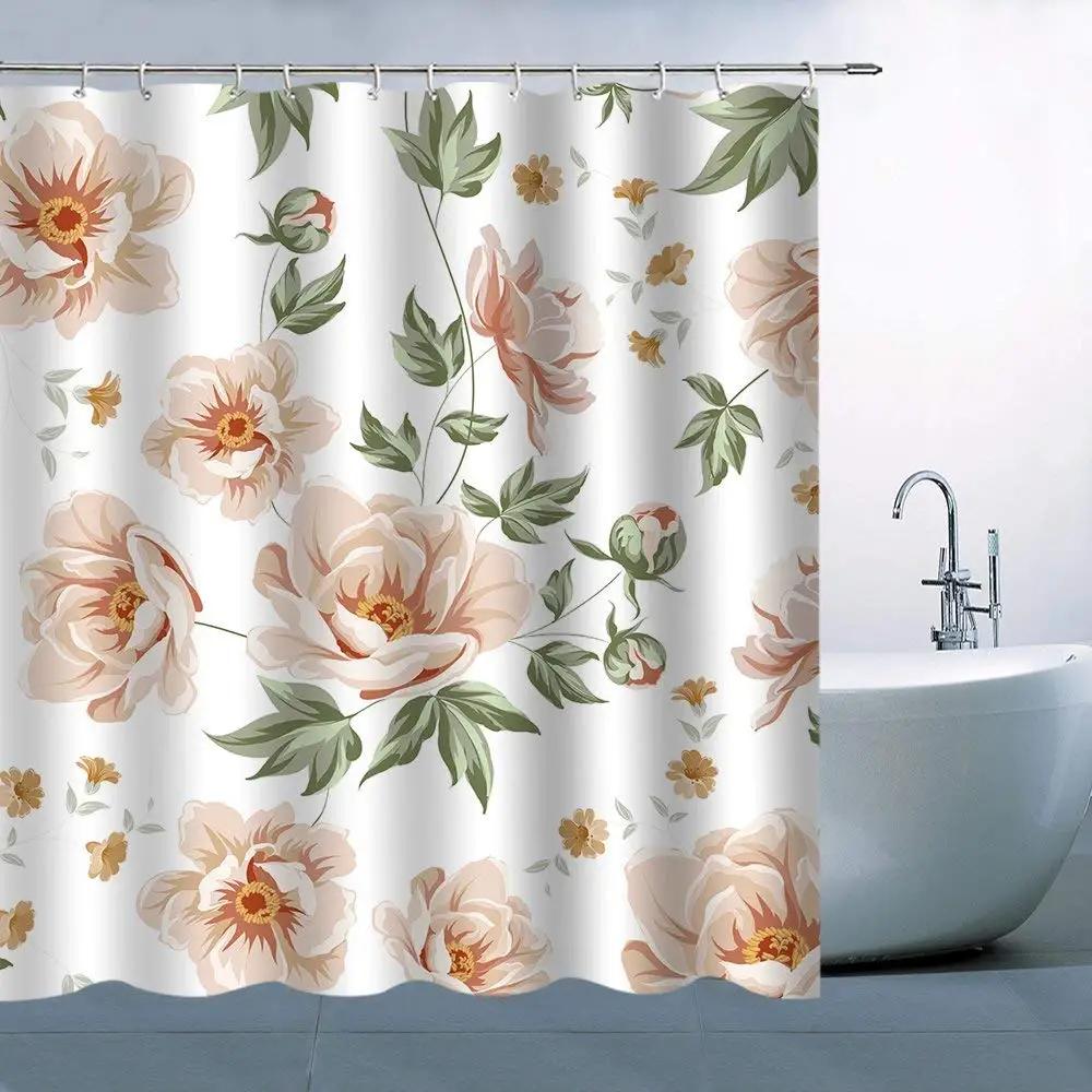 Flowers And Leaves Shower Curtain Pink Floral Plant Printed Garden Fabric Bath Curtain Hooks Home Decor Bathroom Accessories Set