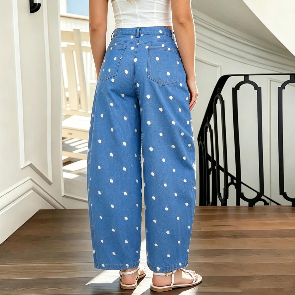 Women's Polka Dot Mid- Loose Fit Cropped Jeans for Casual Daily Wear