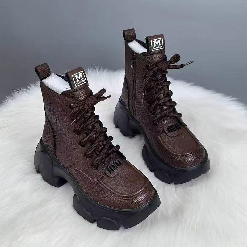 Dámské boty Martin z pravé měkké kůže 2025 nové podzimní jednoboty boty v britském stylu dámské zimní teplé bavlněné boty na silné podrážce dámské