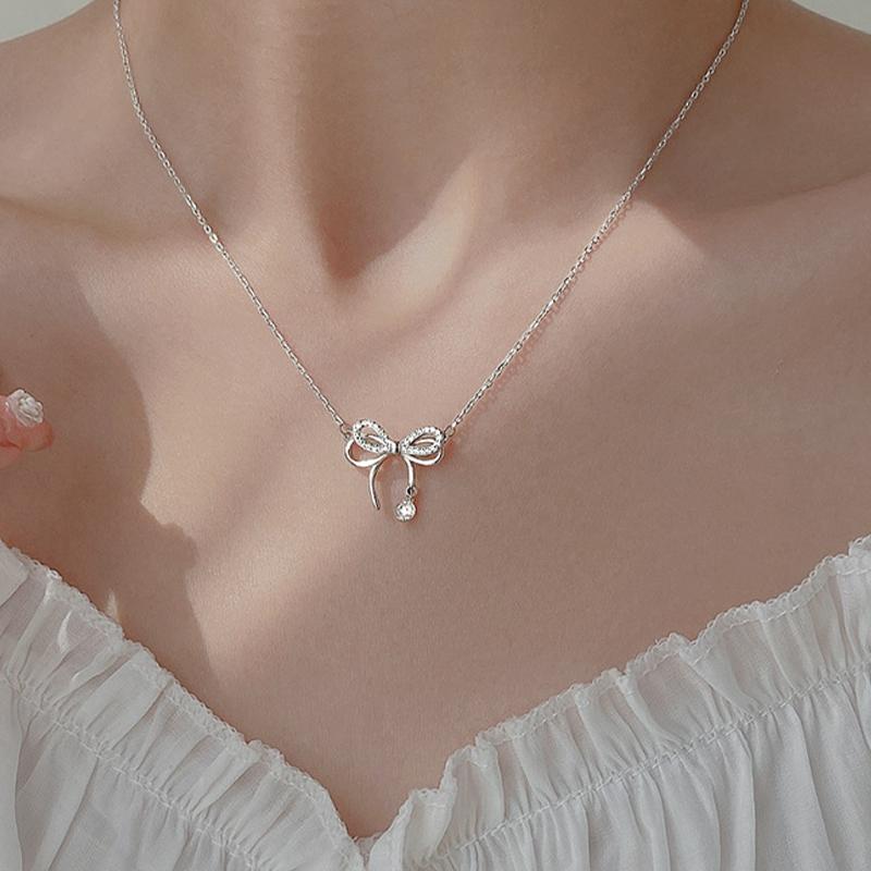 Trendy Fine Gold Color Bowknot Rhinestone Chain Pendant Necklace For Women Temperament Jewelry Shiny Crystal Wedding Gift