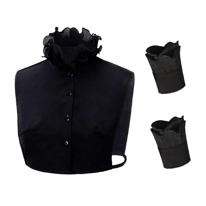 

Женский элегантный комплект из полурубашки с оборками и воротником-стойкой и накладных рукавов-манжет. Винтажный аксессуар для свитера. чёрный