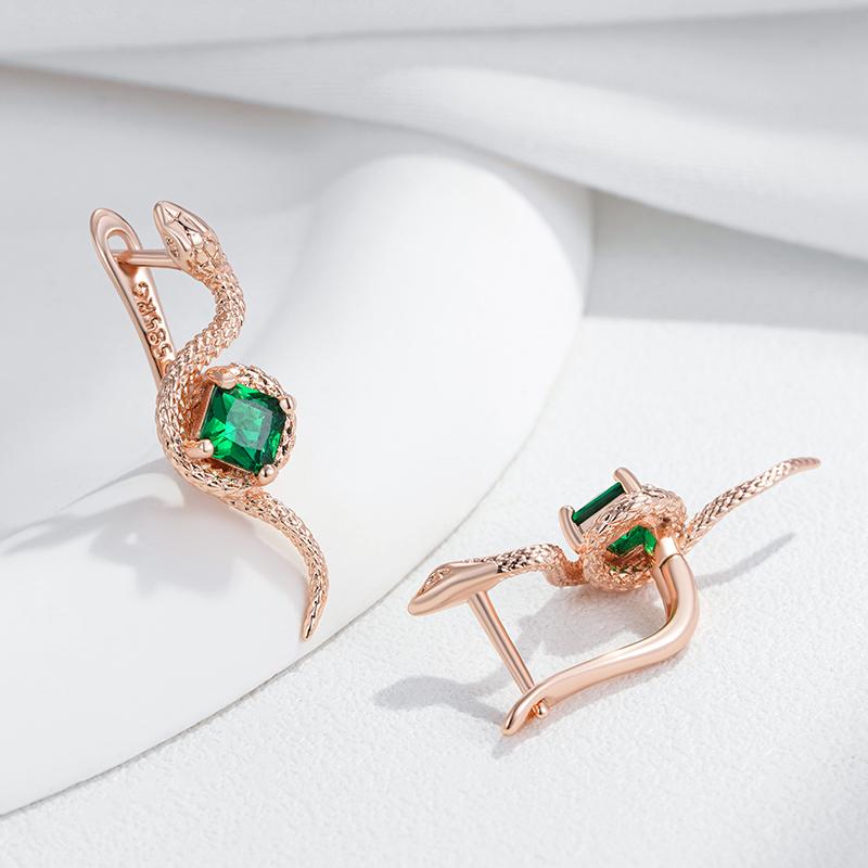 Green Natural Zircon Snake Drop Earrings For Women Fashion Rose Gold Color Vintage Daily Punk Animal Jewelry