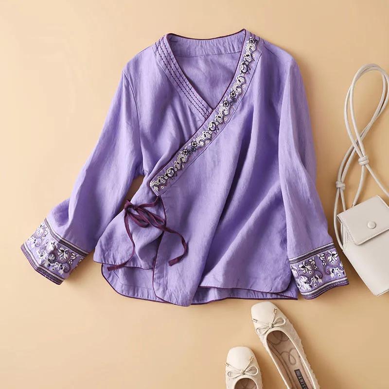 Female Cotton Linen Summer Embroidered Top Loose Vintage Hanfu Ancient Chinese Tea Zen Clothing