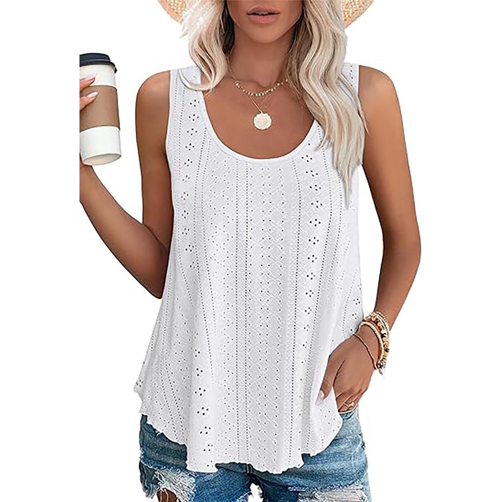 Women's Round Neck Sleeveless Tank Top Loose Fit Elegant Commuter Eyelet Hollow Out Vest Solid Color Casual Summer Blouse For Daily Wear