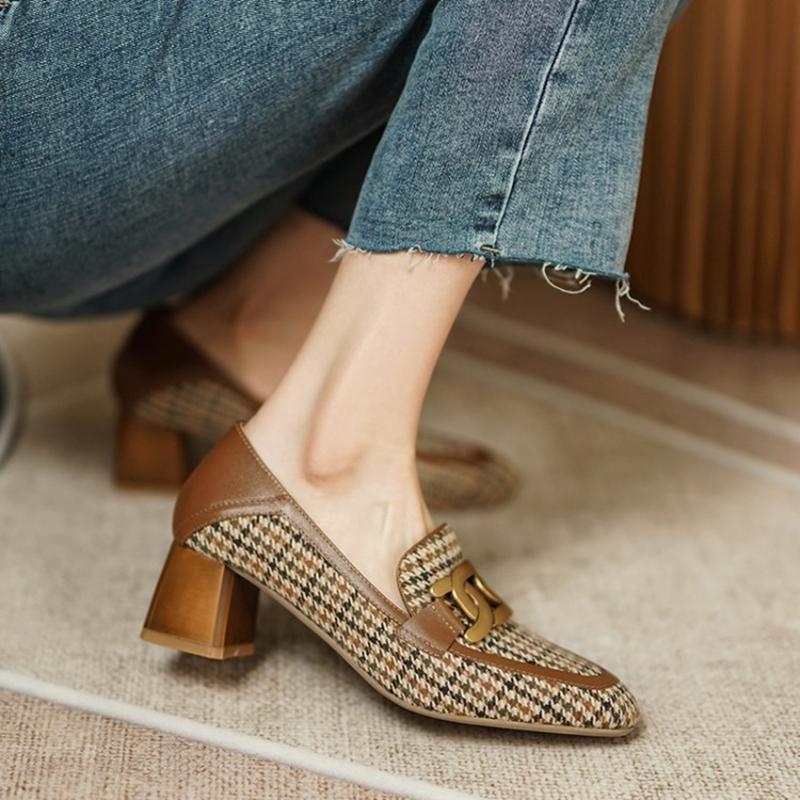 Fashion HOT SALES Women Loafers Square Toe Chunky Heel Shoes for Women Spring Women Shoes Lattice Women Pumps Cow Leather Handmade Shoes