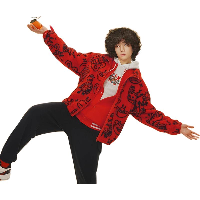 Li-Ning Daily Progress Cartoon Pattern Lamb Velvet Sports Jacket Unisex Jackets Red AFDT007-2