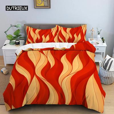 Geometrisches Bettbezug-Set Queen-Size Rot Gelb Streifen Bettwäsche-Set Mikrofaser Abstraktes Kunst-Thema Bettdeckenbezug mit Reißverschluss