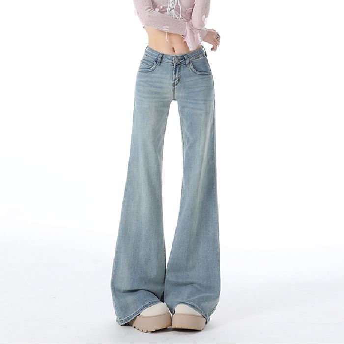 Autumn Winter Vintage Low Waist Stretch Slim Straight Floor Micro Flare Denim Pants For Women Casual Pants Oversize Denim Trousers