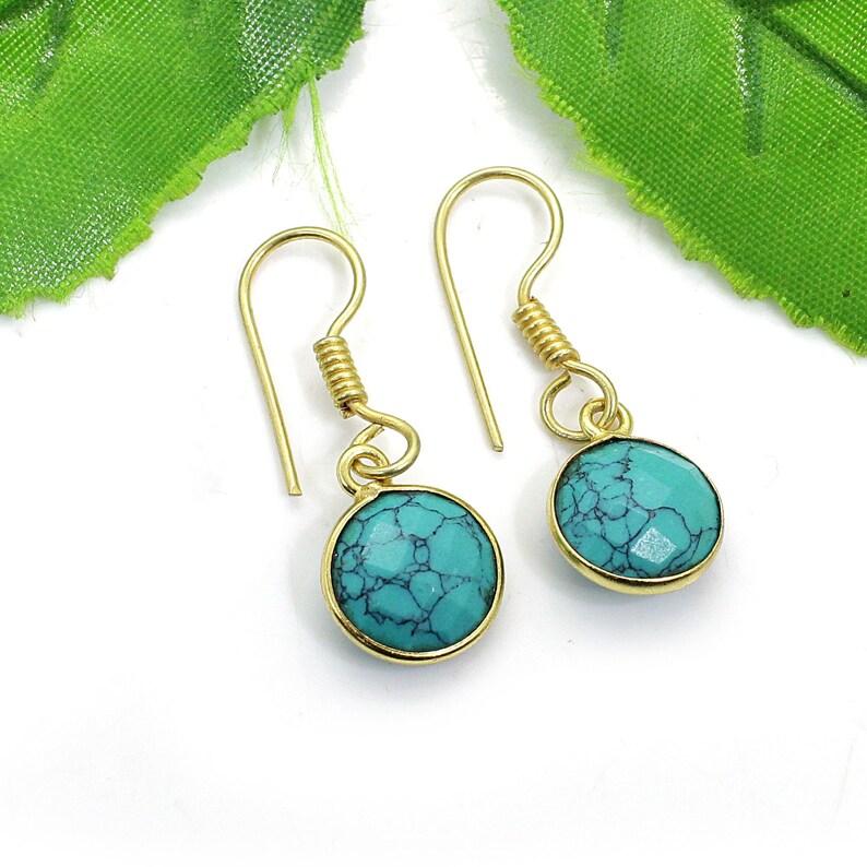 Solid 925 Sterling Silver Round Turquoise Gemstone Gold Plated Earrings Gift For Her