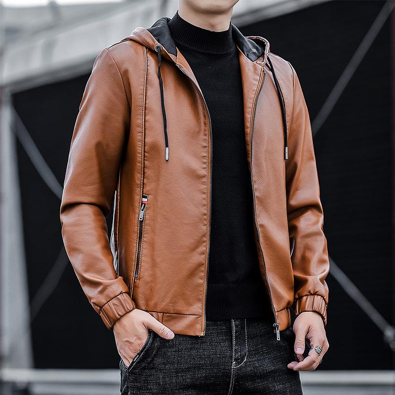 Men's Hooded Leather Jacket Autumn New Korean Style Youth Simple Leather Jacket Trendy Casual Motorcycle Wear Work Jacket