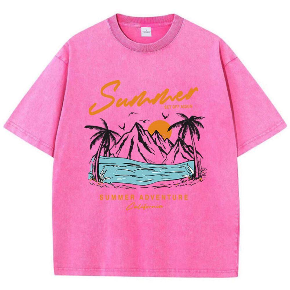 Fashion Women'S Cotton Washed T-Shirts Summer Adventure Sunset Printing Tops Oversize O-Neck Soft Short Sleeve Female Clothes