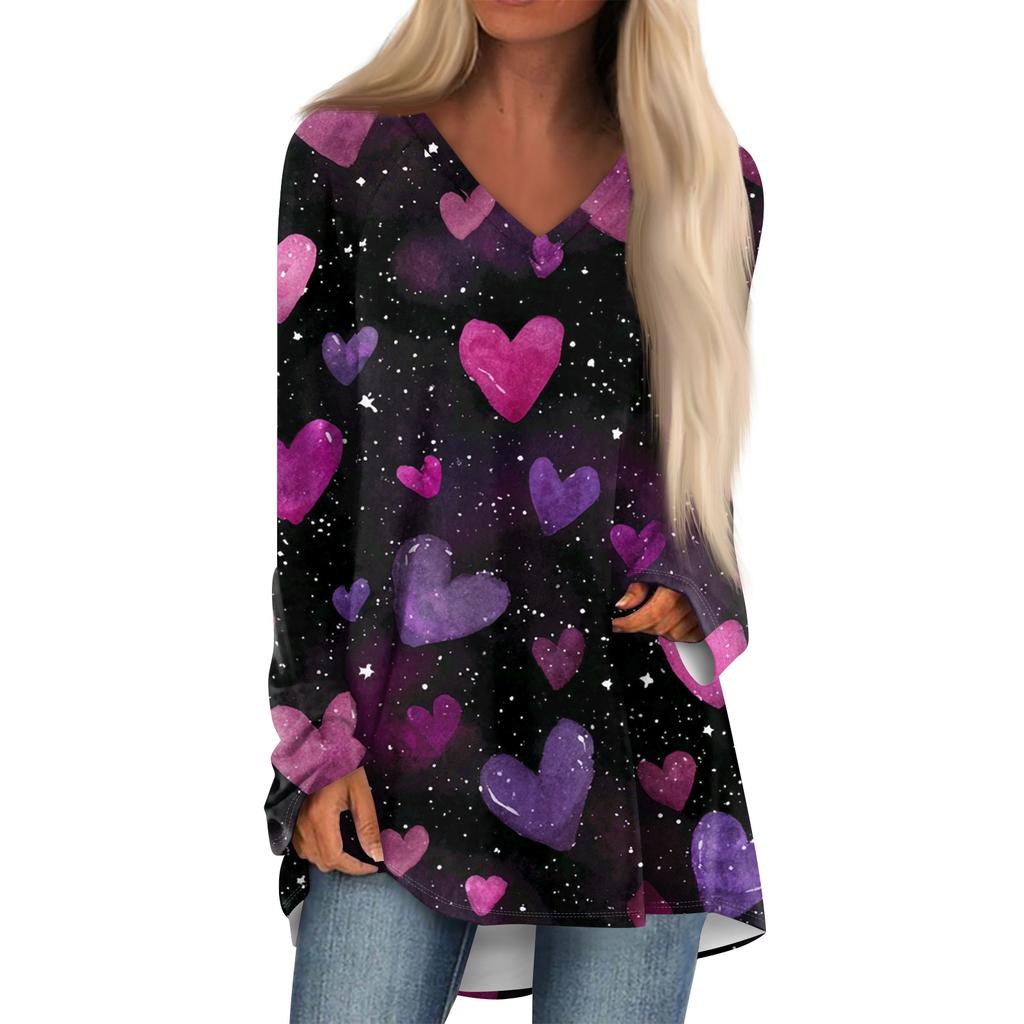 Women's Fashionable Casual Long-Sleeved Valentine's Day Print V-Neck Mid-Length Top