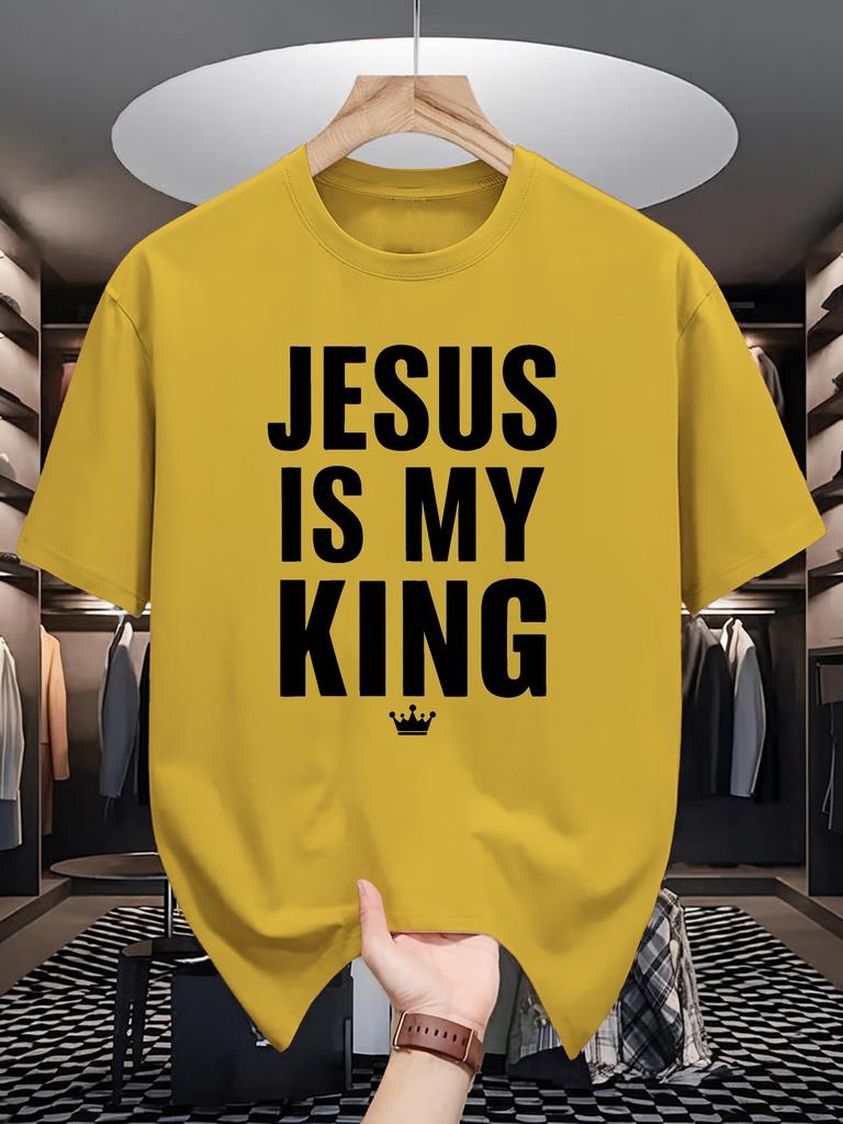 Unisex Crew Neck Tee Jesus Is My King Crown Letter Text Print Soft Cotton Loose Short Sleeve Summer Casual Male Streetwear Tops