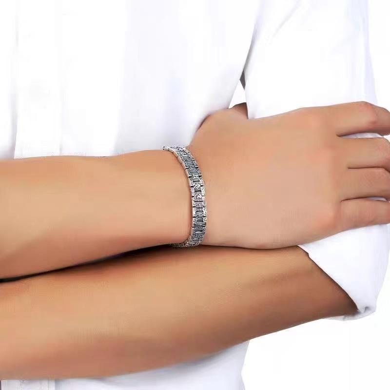 New Silver Wide Version Men's Trend Personality Domineering Six-character Mantra Retro Men's Bracelet