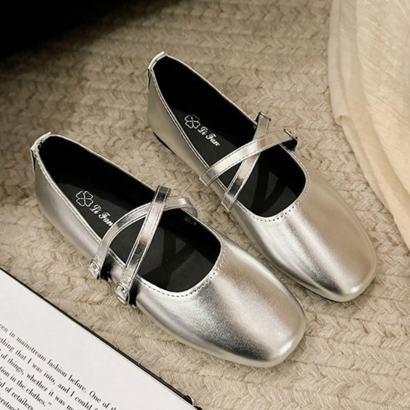 Fashion 2025 Autumn French Mary Jane Ballet Flats Soft Sole Comfortable Bean Shoes Womens Retro Sliver Black Design Elegant Shoes