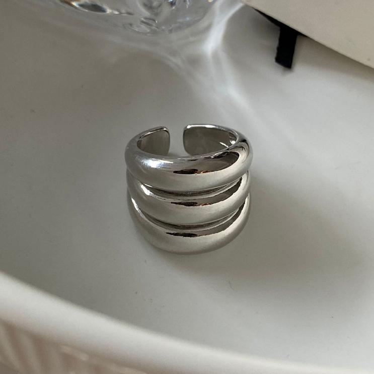 PONYKISS Sterling Silver Three Layers Round Geometric Rings for Women Minimalist Trendy Opening Fine Accessories