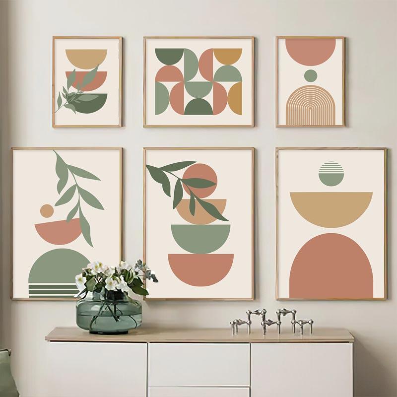 Abstract Boho Landscape Posters Sun Leaves Canvas Painting Geometric Lines Plant Wall Art Pictures For Living Room Home Decor