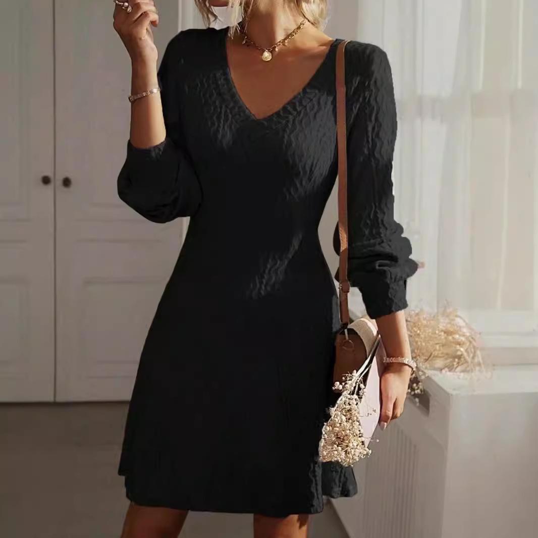 Autumn V-neck A-line Textured Long Sleeve Solid Color Elegant French Women s Dress L