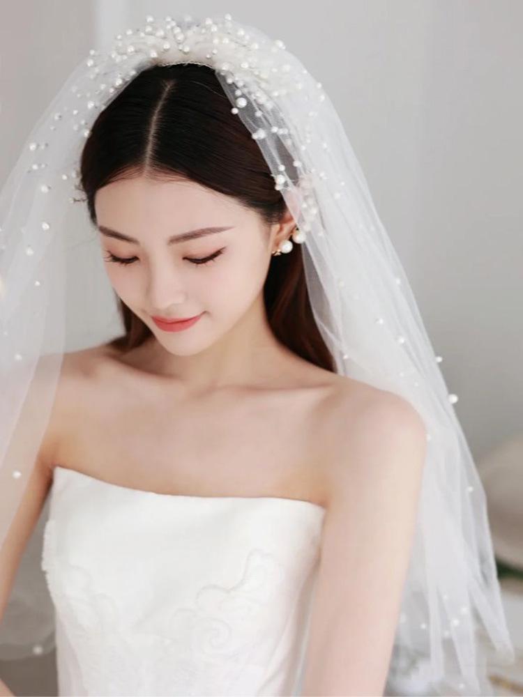 2022 French Style White Beaded Bridal Veil & Mid-Length Wedding Dress
