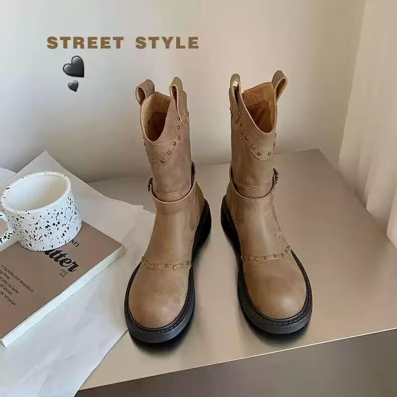 Retro belt buckle flat bottom rivet western boots knight boots short boots women's 2025 summer new British Martin boots single boots