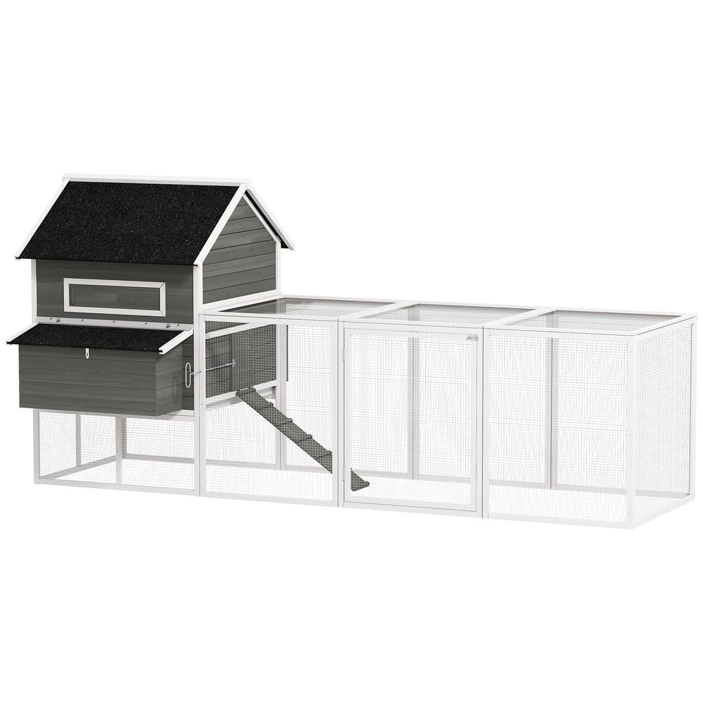 Pollaio in Legno con Recinto Nido Tegole in Asfalto Vassoio Estraibile per 4-6 Galline 347x160x150 cm Grigio Scuro
