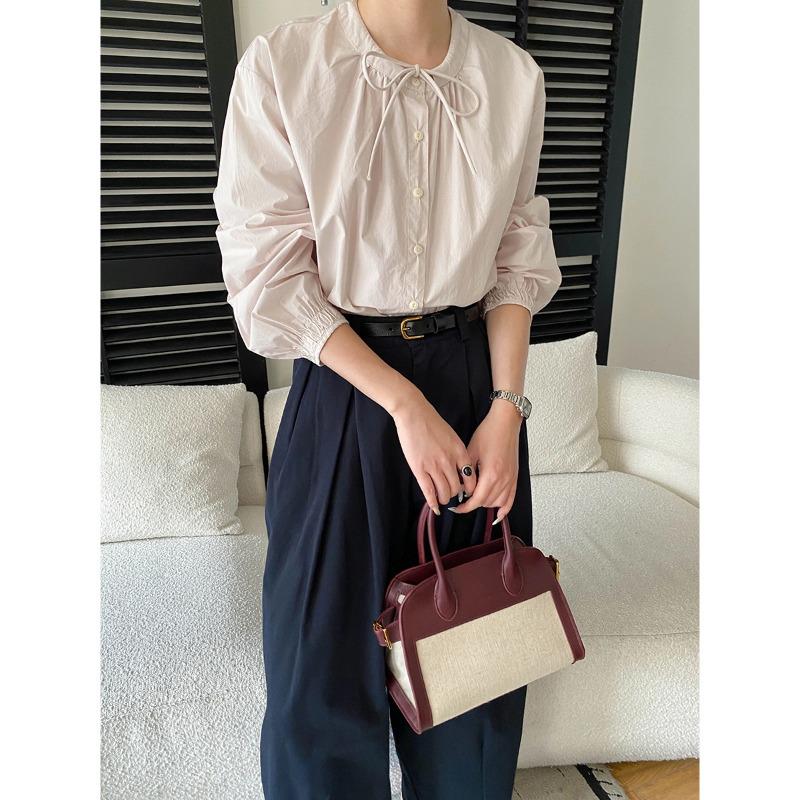 

Sinan Spring French High-End Cotton Lace-Up Round Neck Slimming Long Sleeve Shirt SN8657 One Size